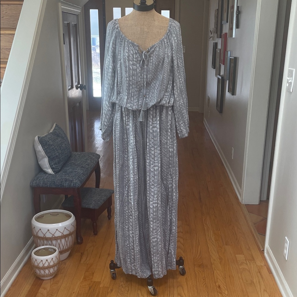 Women’s Gray Printed Maxi Dress with Tie Waist